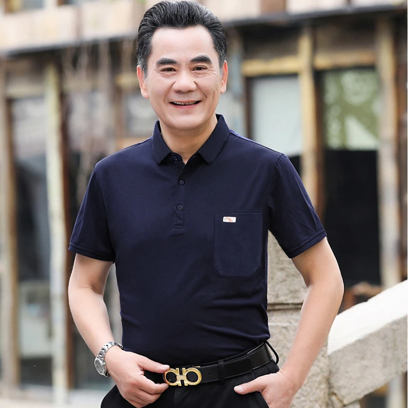 短袖t恤棉质男士中老年人夏季翻领带口袋爸爸上衣装男装polo衫