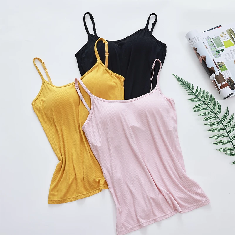 带胸垫罗纹吊带固定一体杯纯色简约无袖背心内搭防走光修身长款