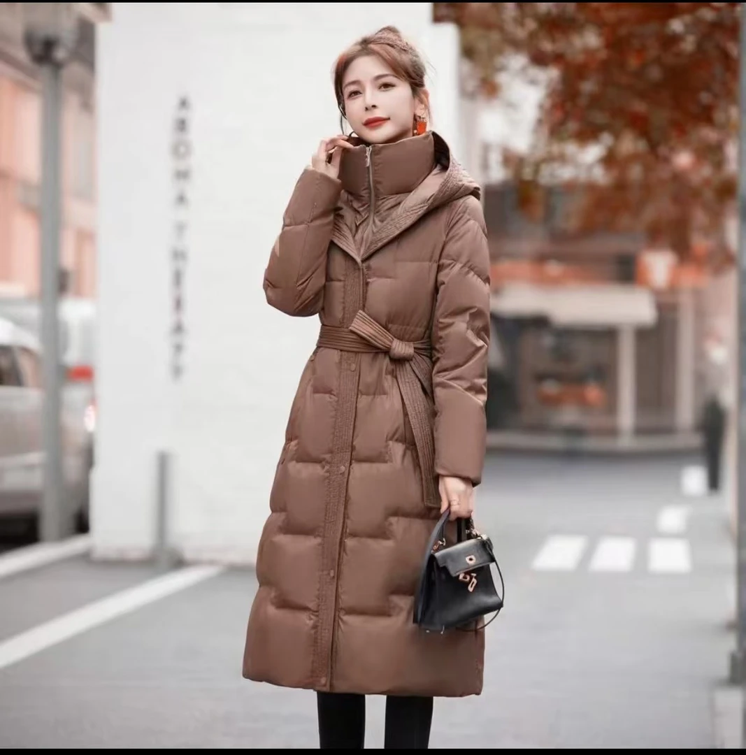 2024冬季加厚过膝中长款显瘦棉服保暖修身时尚百搭连帽韩版收腰