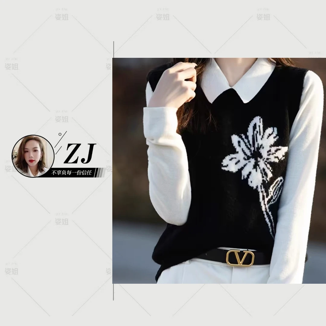 通勤百搭设计感提花针织衫时尚气质撞色拼接假两件长袖上衣女