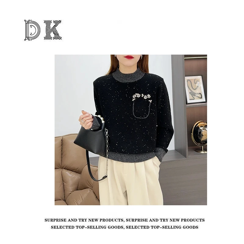 秋冬新款宽松亮片刺绣圆领打底针织衫套头毛衣绵羊毛上衣A860
