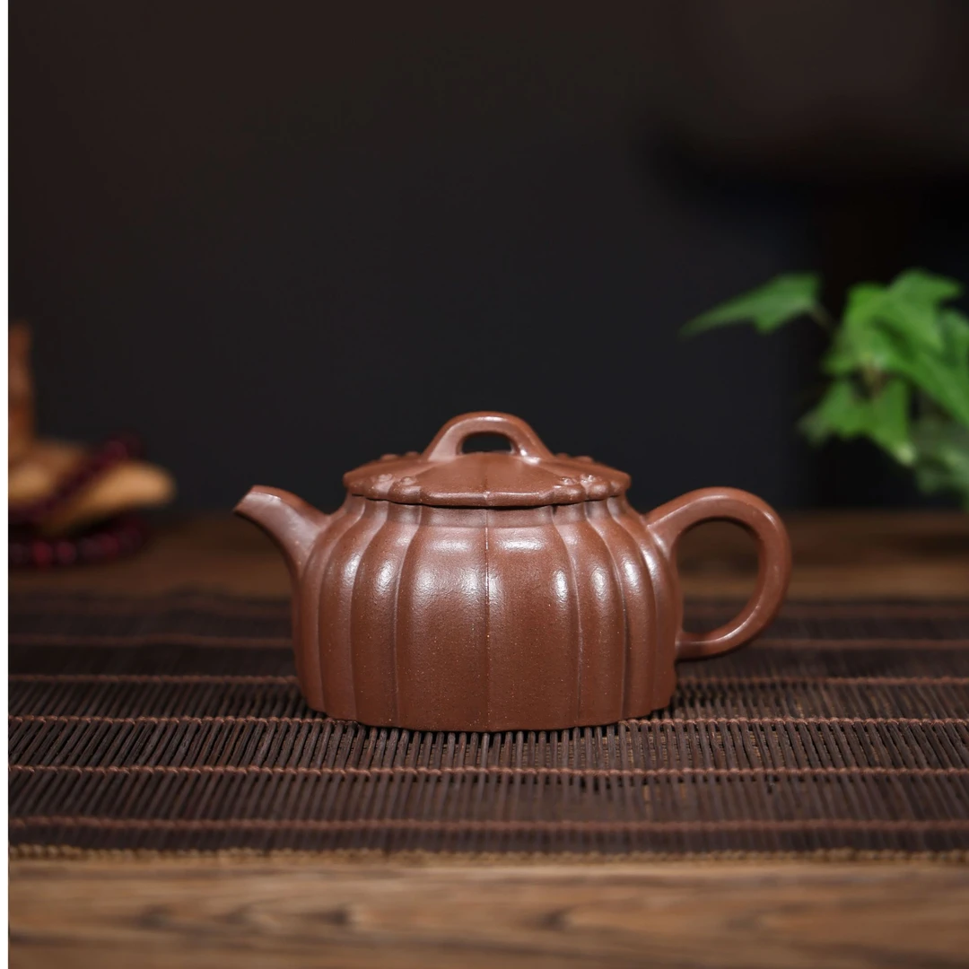 宜兴原矿紫砂紫泥底槽清筋纹器160cc纯手工