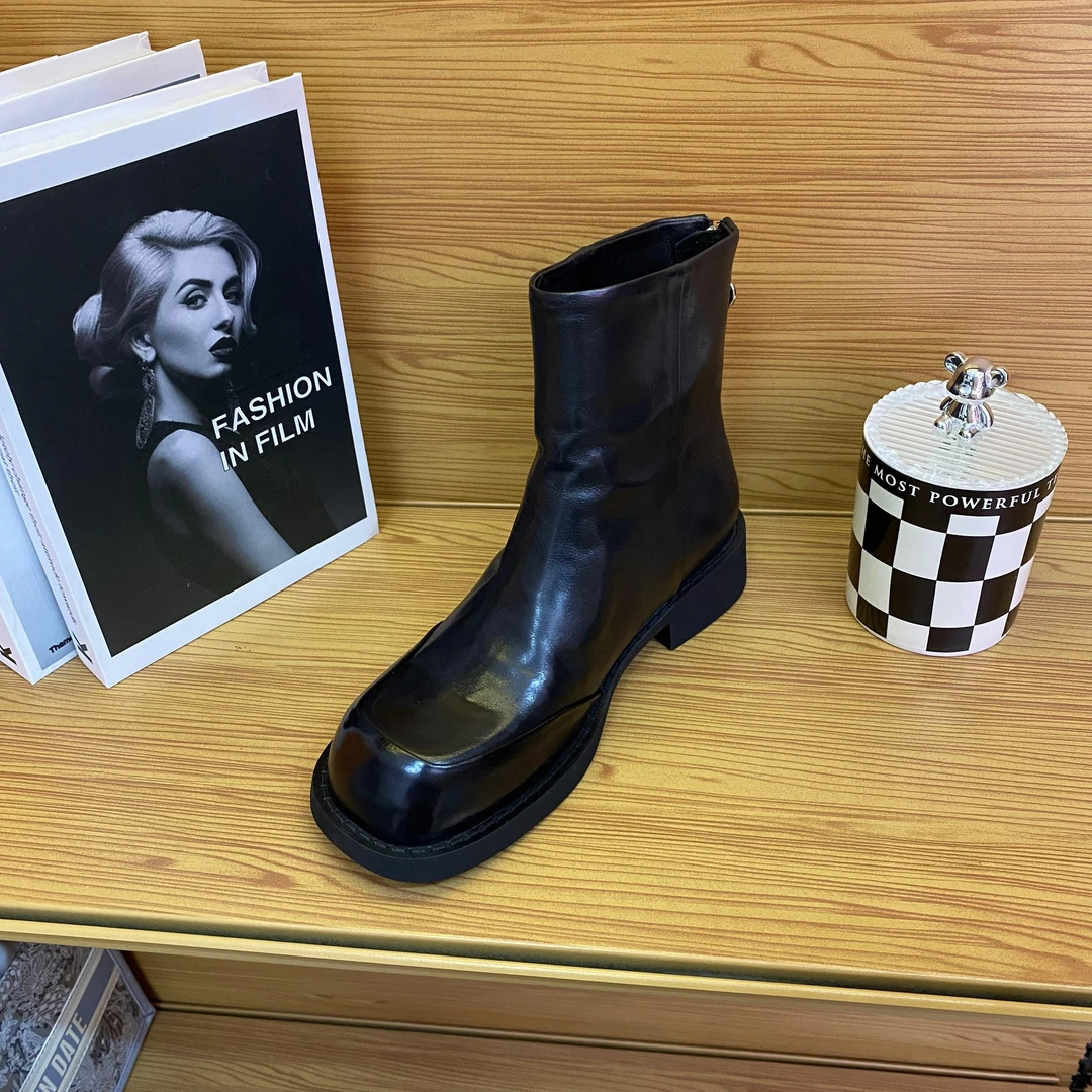 欧美真皮短靴简约圆头低跟后拉链复古小皮靴时尚百搭英伦风女靴子