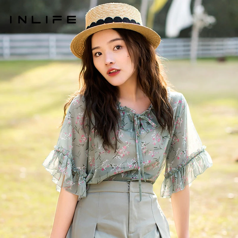 inlife碎花衬衫上衣女超仙荷叶领设计漂亮小衫碎花上衣Q0X3S6612