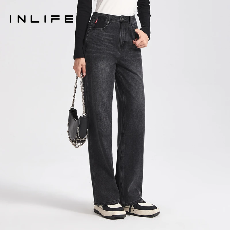 inlife美式复古牛仔裤高腰显瘦直筒裤宽松休闲阔腿裤子V23D1K7533