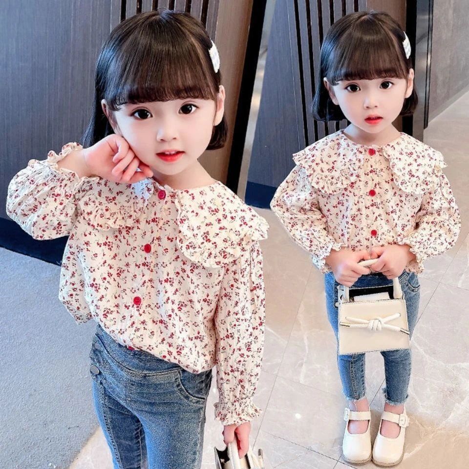 么么新款女童衬衫2024春装新款儿童洋气碎花长袖衬衣小宝宝韩版上