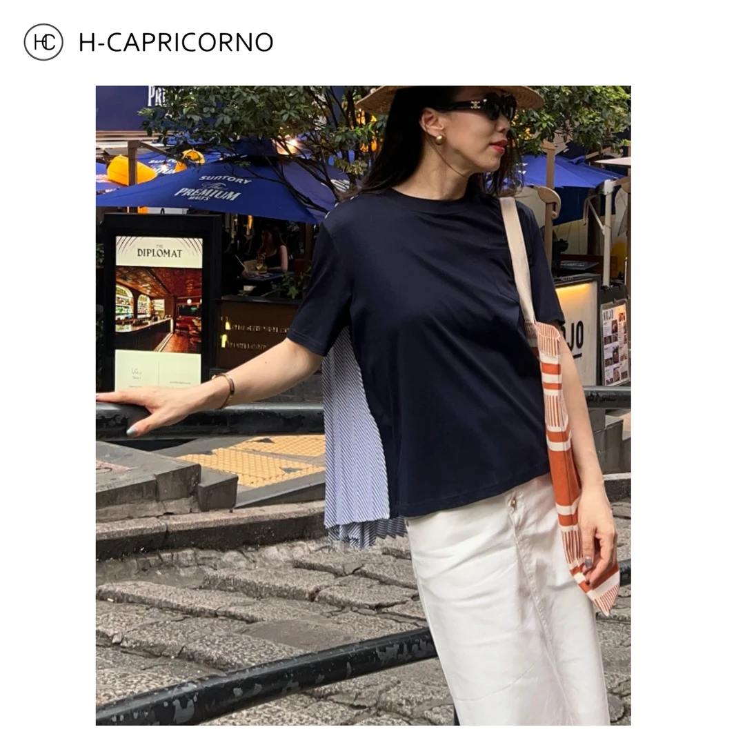 H-CAPRICORNO结构拆分经典针织拼接百褶后背伞状短袖T恤上衣