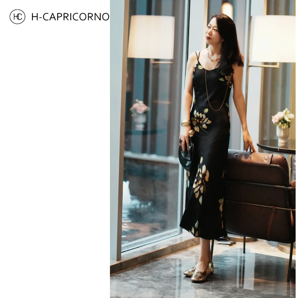 H-CAPRICORNO重磅显瘦气质复古印花收腰吊带背心连衣裙半裙