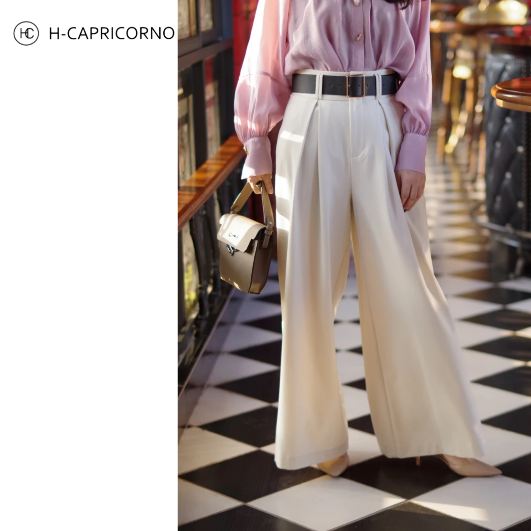 H-CAPRICORNO长腿神器立体叠褶宽松直筒长裤高腰女阔腿裤