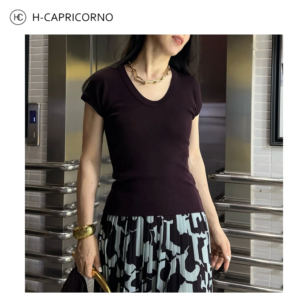 H-CAPRICORNO时髦极简博主风小U领修身气质显瘦上衣针织衫