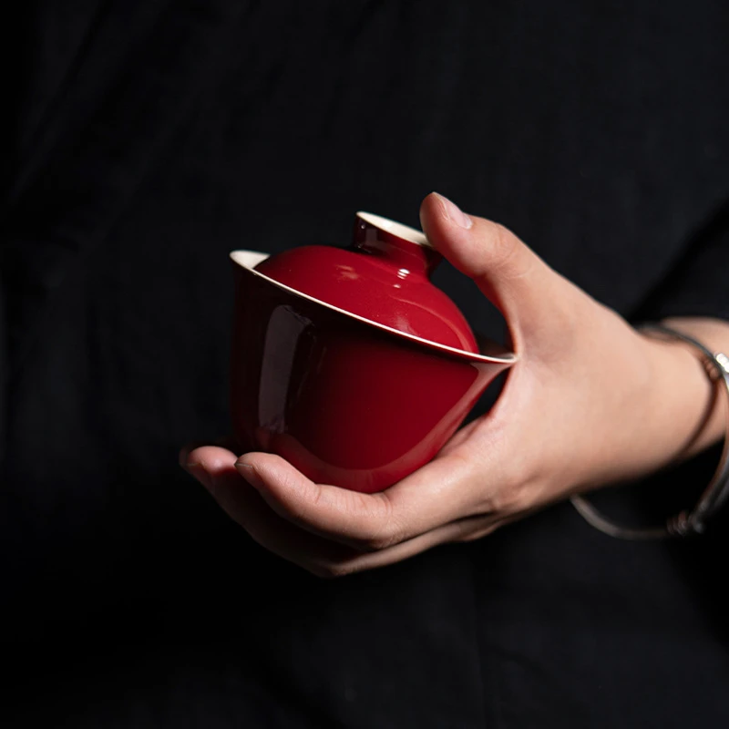 福玉龙郎红无托二才盖碗功夫茶具陶瓷手抓碗岩茶仿烫家用泡茶碗