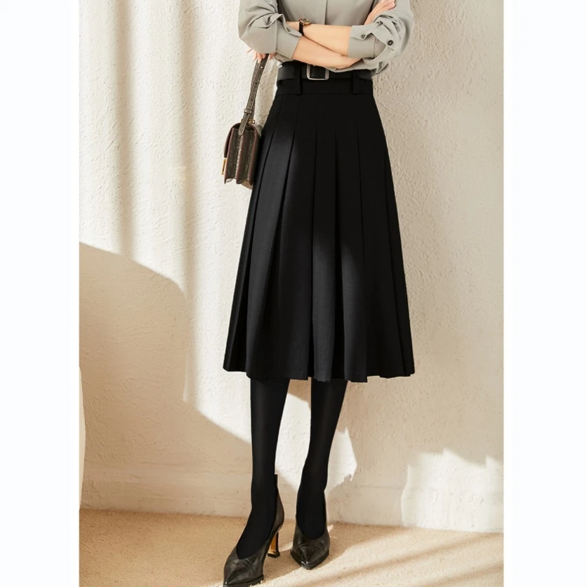 羊毛百褶半身裙25秋冬新款超火气质显瘦休闲高腰中长款A字裙纯色
