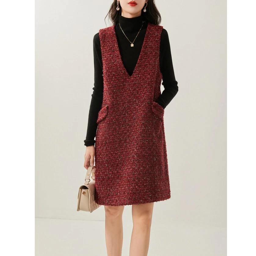 【年会巨星】新年红羊毛小香风v领背心裙 跨年无袖马甲连衣裙女秋冬