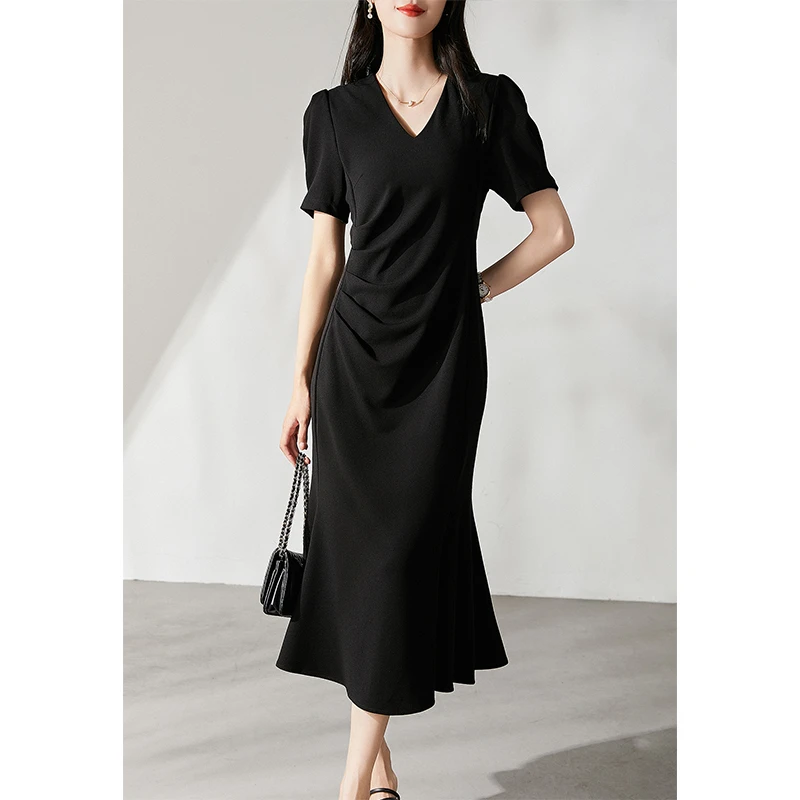 【纤细高挑】精致都市女性 法式时尚郁金香型收腰显瘦收褶连衣裙夏