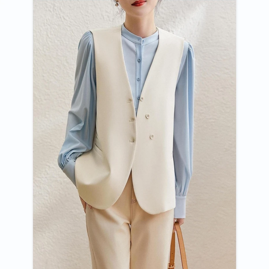 优雅大女人！王簰叠穿人棉上衣马甲 V领无袖坎肩西装外套女高级感