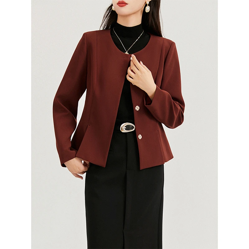 【卓越气质】显白显瘦红色开衩暗扣西服 挺阔短款圆领上衣外套女秋
