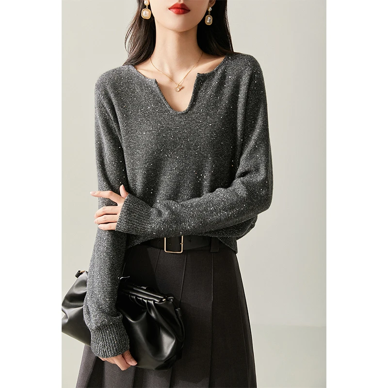 【璀璨星河】柔软细绵羊毛 重工亮丝珠片 V领女神针织毛衣秋冬