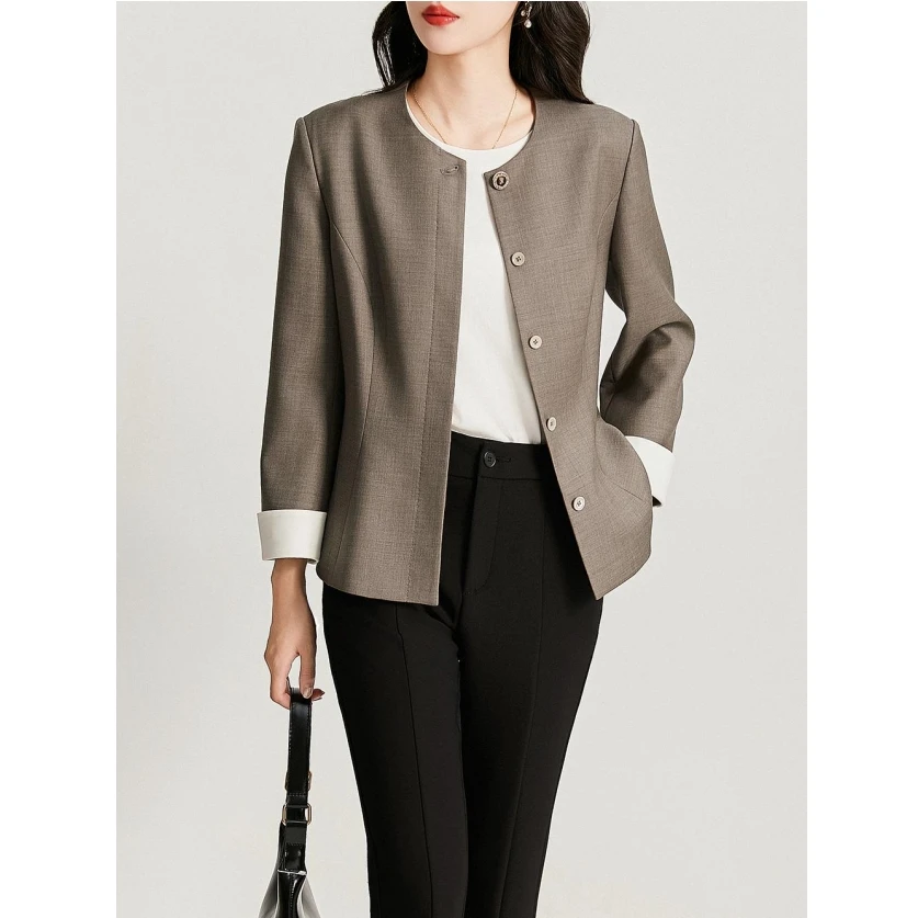 优雅知性 重磅定制雾面绵羊毛 撞色袖口圆领显瘦小西装短外套秋季