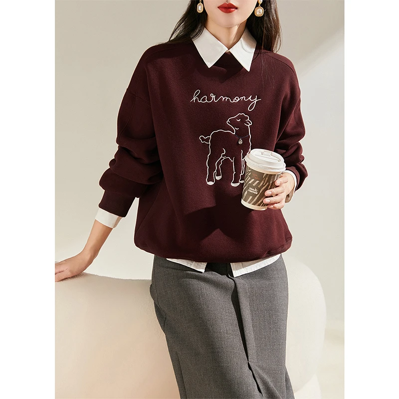 【红人上新】卡通刺绣 洋气减龄 摇粒绒加绒加厚保暖圆领卫衣女25秋