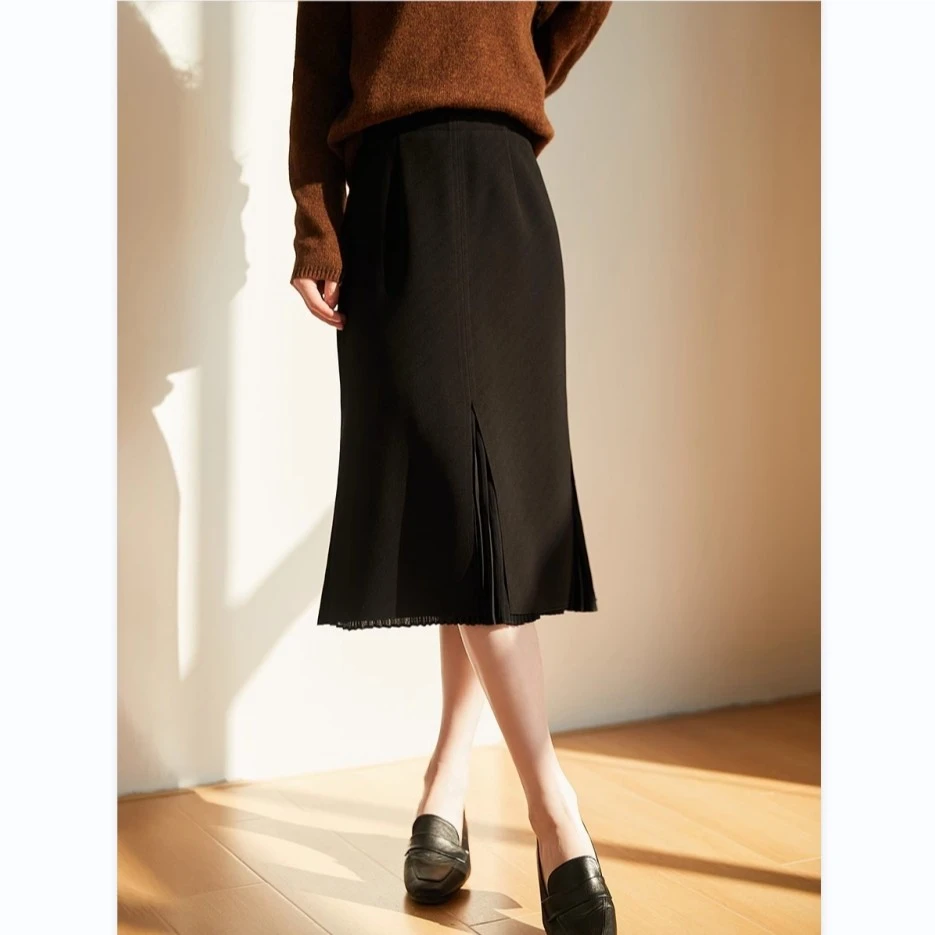 跃动裙摆~里层百褶双层半身裙女 时尚松紧髙腰层次感开叉黑裙25秋