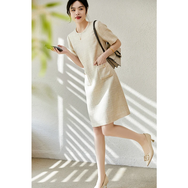 【琳达小姐】编织花呢小香名媛风女士连衣裙高档气质 透气短袖裙子