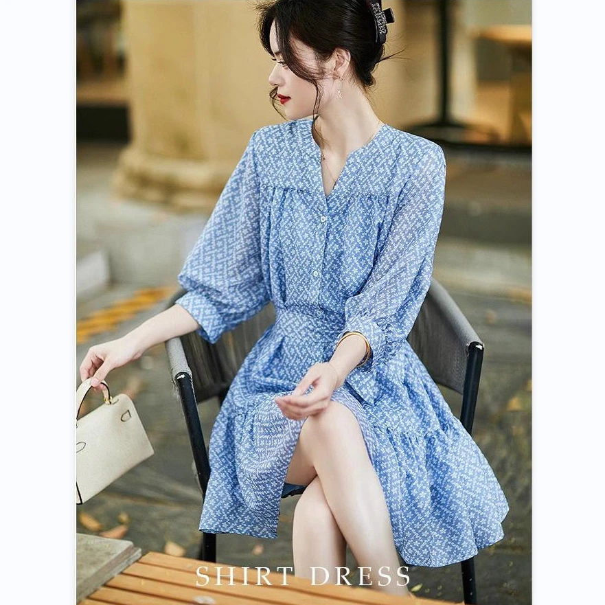丨蓝色雨连衣裙丨宽松系带收腰七分袖立领衬衫裙碎花雪纺连衣裙