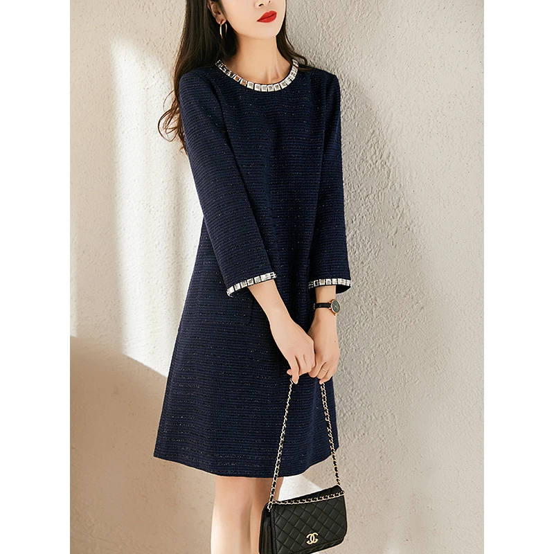 亮丝镶钻 秋冬小香风笈简礼服式裁剪 时尚七分袖粗花呢显瘦连衣裙