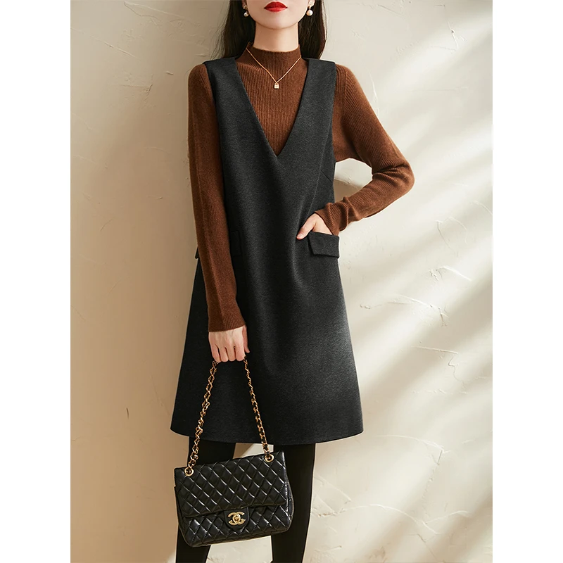 髙定羊毛呢子面料 赫本风无袖背心连衣裙 显瘦气质V领马甲裙秋冬