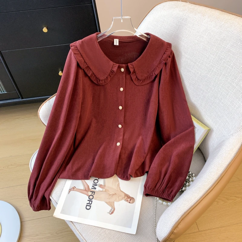 大码女装2024胖妹妹秋季单排扣娃娃领减龄百搭遮肚显瘦长袖上衣