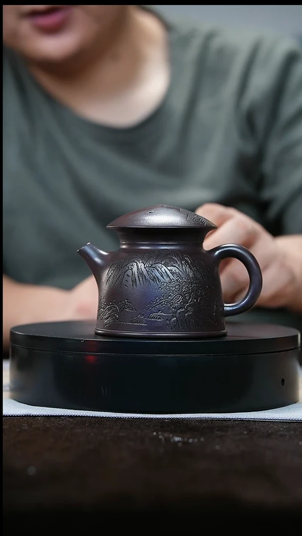 【闪购商品】紫砂茶壶141紫罗兰刻绘笠帽壶