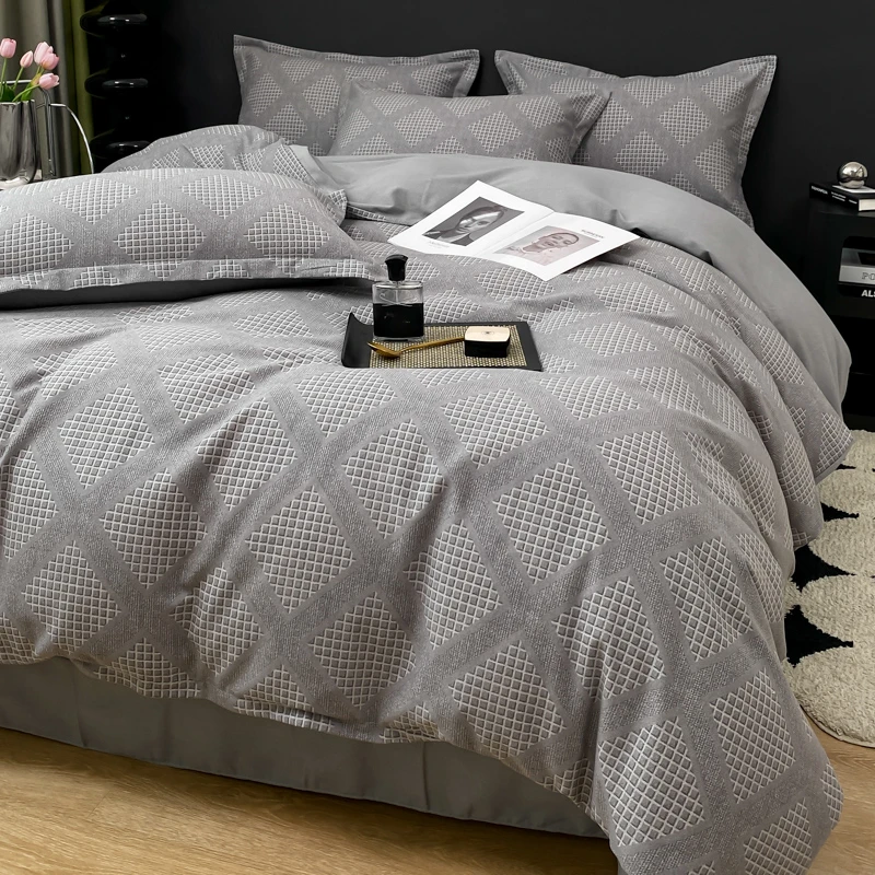 轻奢风全棉磨毛床上用品四件套高级感简约时尚加厚被套床单人途莎