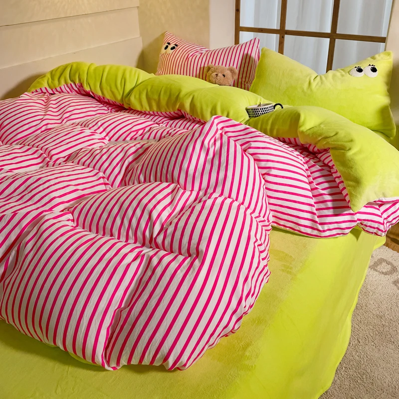 ins少女心A面水洗棉B面牛奶绒大眼睛刺绣四件套冬加绒保暖三件套4