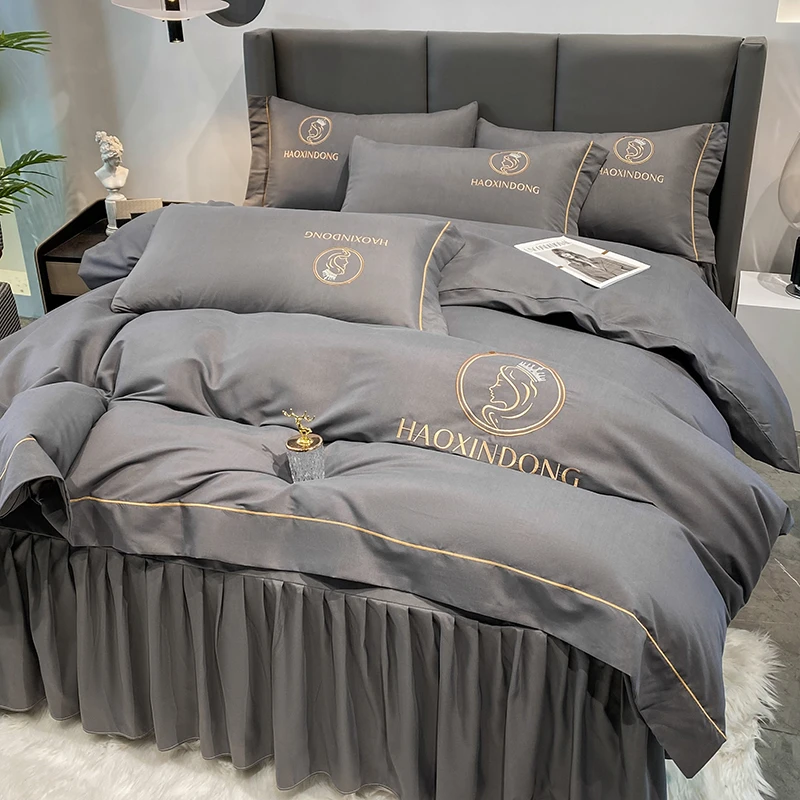 轻奢四季款加厚磨毛刺绣床裙床上四件套简约高级感亲肤公主风被套