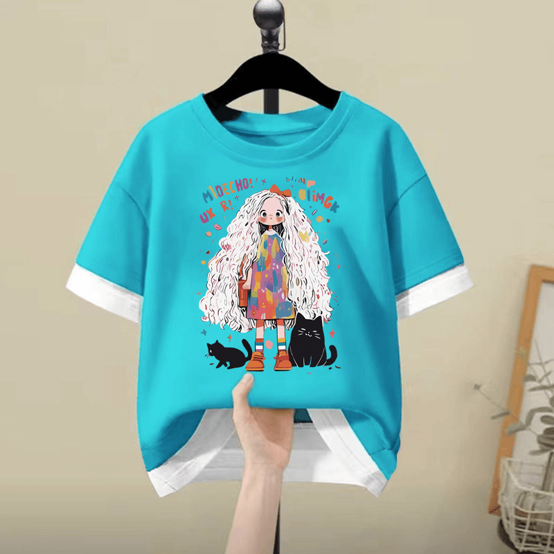 新款女童假两件短袖t恤2024夏季新款儿童洋气休闲运动半袖上衣潮