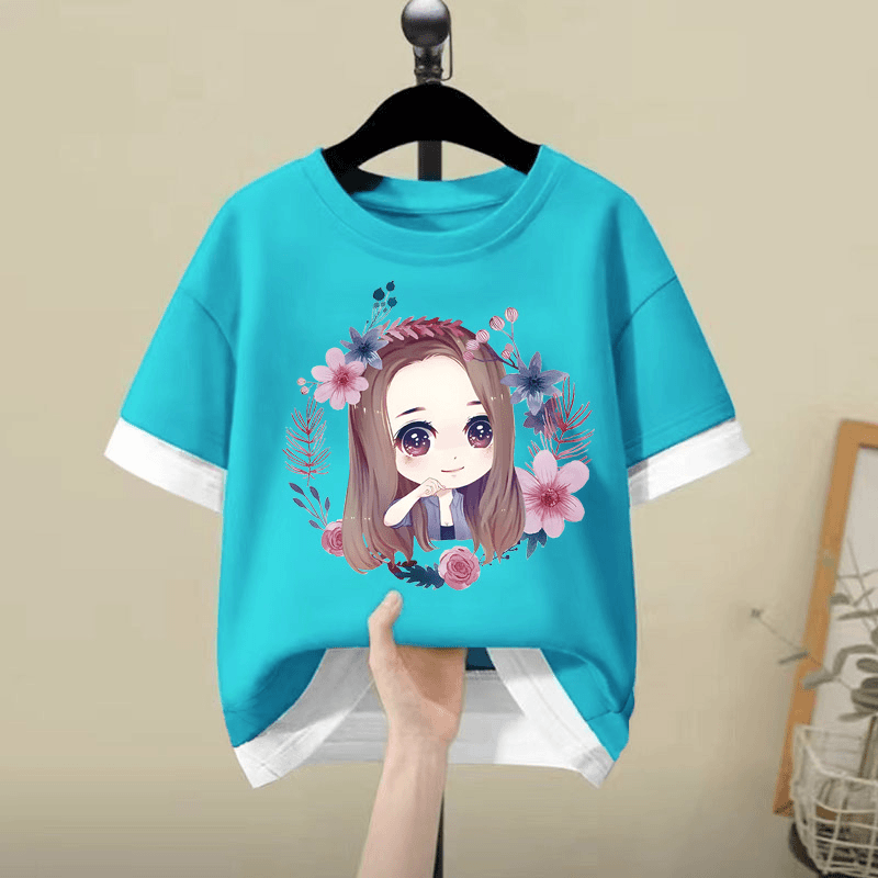 纯棉女童假两件短袖打底衫T恤宝宝夏季新薄款宽松纯棉网红上衣潮