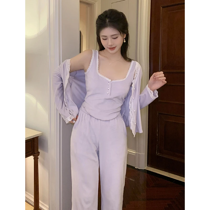 【绮飘绒三件套】水貂绒睡衣女款加绒三件套甜美可爱风轻奢家居服