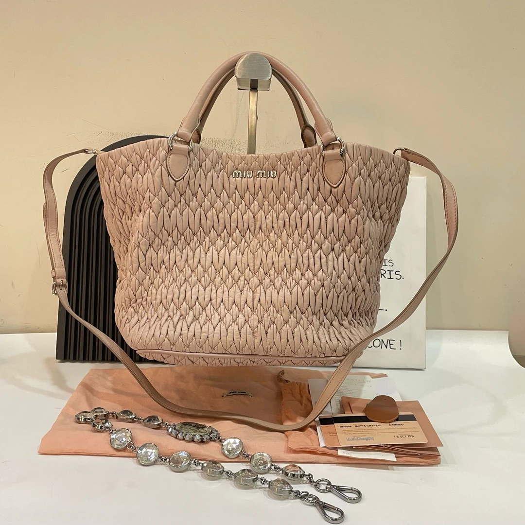 95新 MIU MIU/缪缪 【蔡包紫】皮粉色全皮褶皱手提托特包8601947