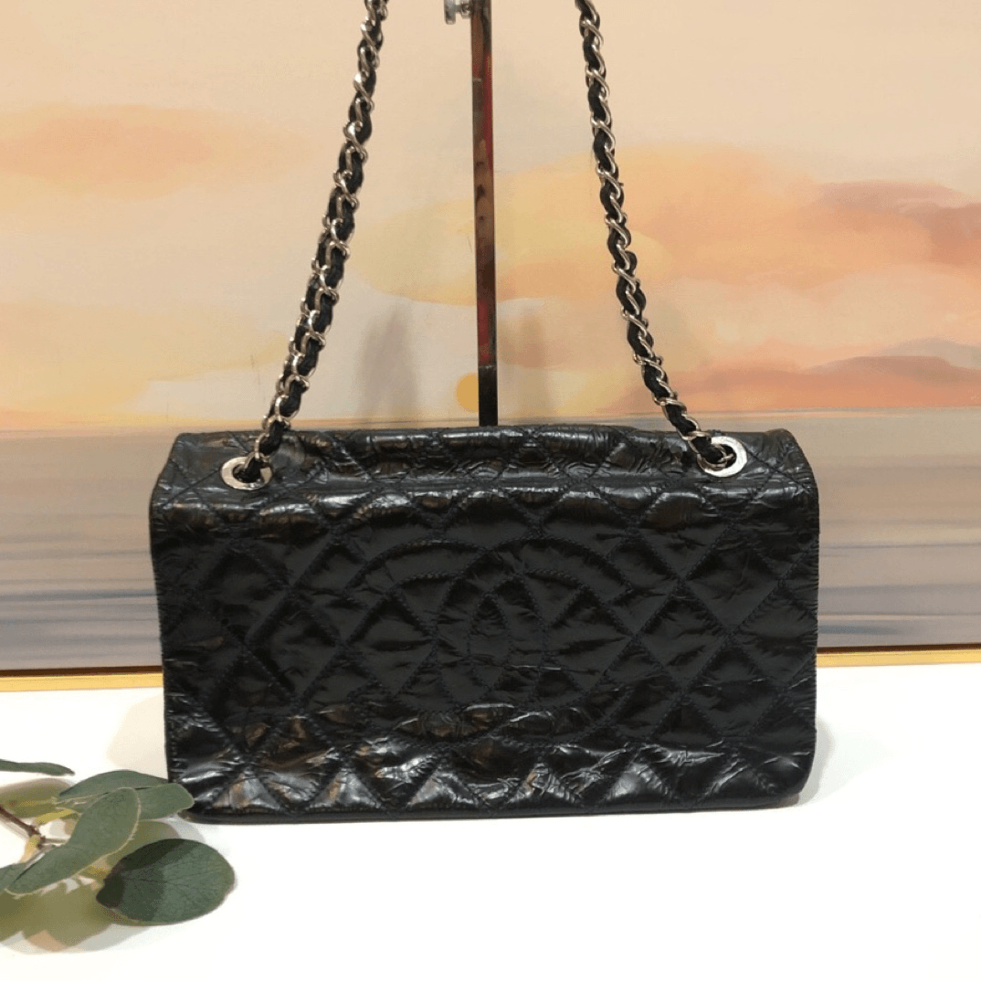 95新 Chanel/香奈儿 【蔡包紫】黑色翻盖奢侈油蜡皮单肩包/3013272