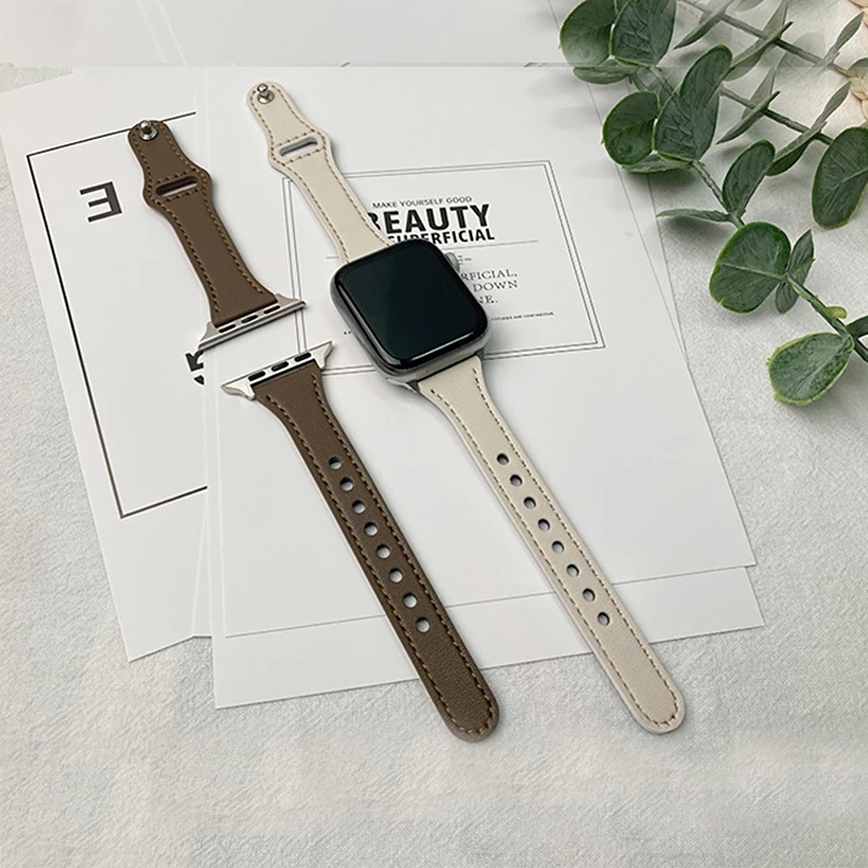 适用Applewatch苹果手表表带iwatch SE UltraS7S8小蛮腰单钉真皮
