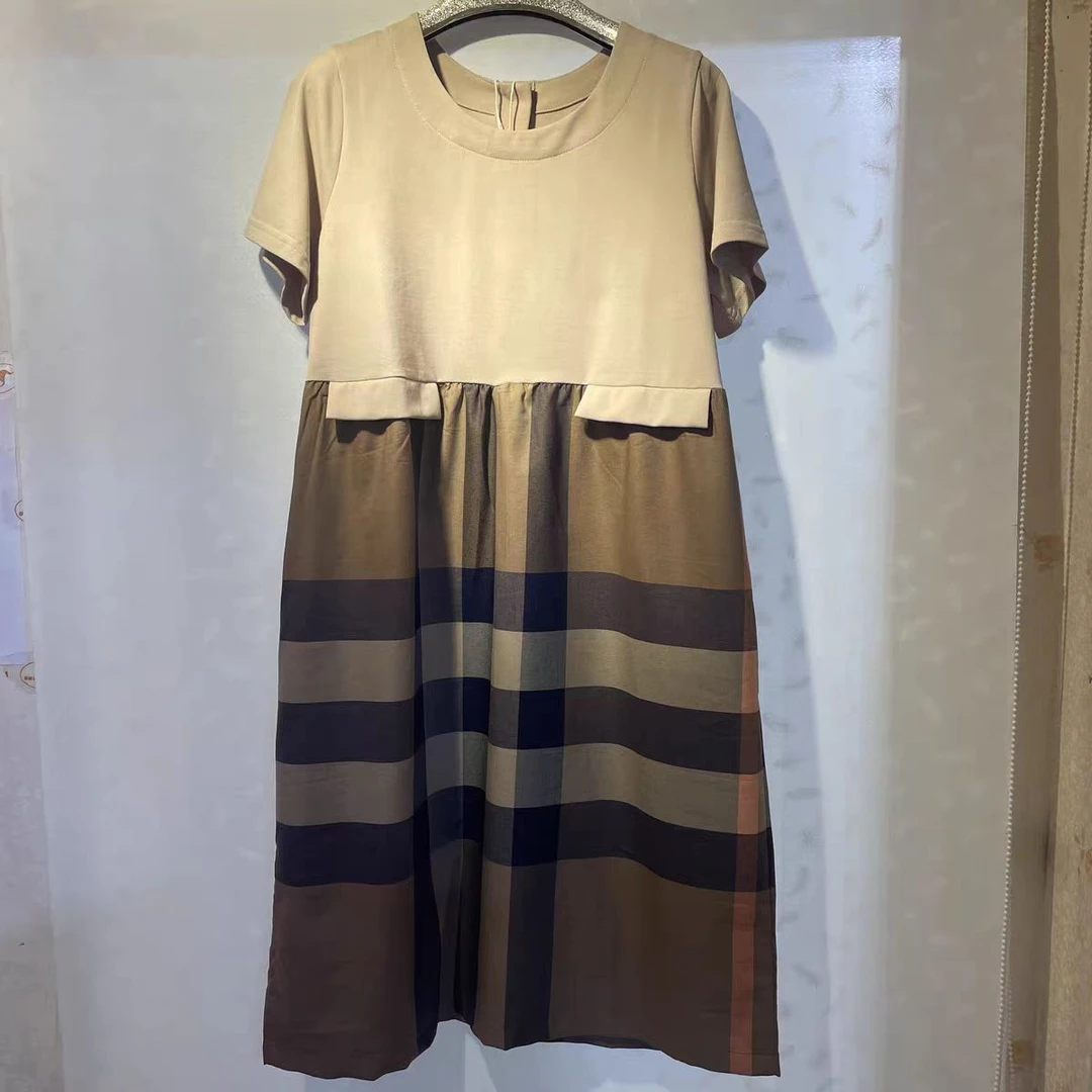 夏季新款大码宽松休闲拼色中长款连衣裙