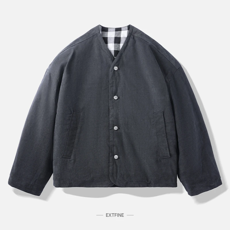 2024AW 冬季简约净版无领格子剪裁阔版短款羽绒服保暖外套