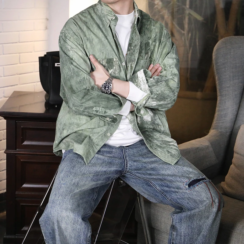 2024秋冬上新做旧扎染渐变纯棉翻领长袖衬衫男宽松高级感