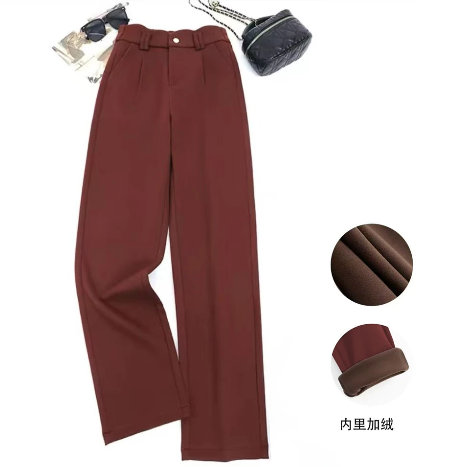 Y5011兔 绒西装裤秋冬季加绒加厚百搭高腰阔腿裤时垂感拖地裤显瘦