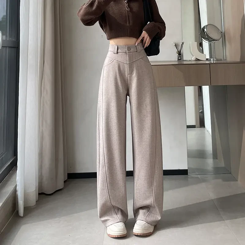Y2026窄版毛呢香蕉阔腿裤女秋冬加厚高腰垂感宽松直筒拖地裤子