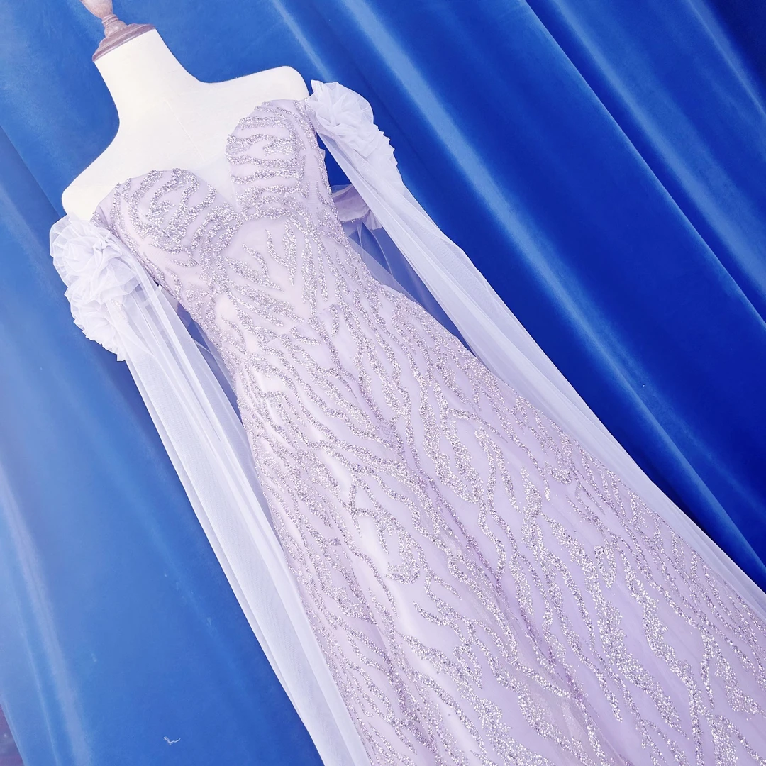 2024秋冬款重工高端浅紫色玫瑰花飘沙抹胸晚礼服