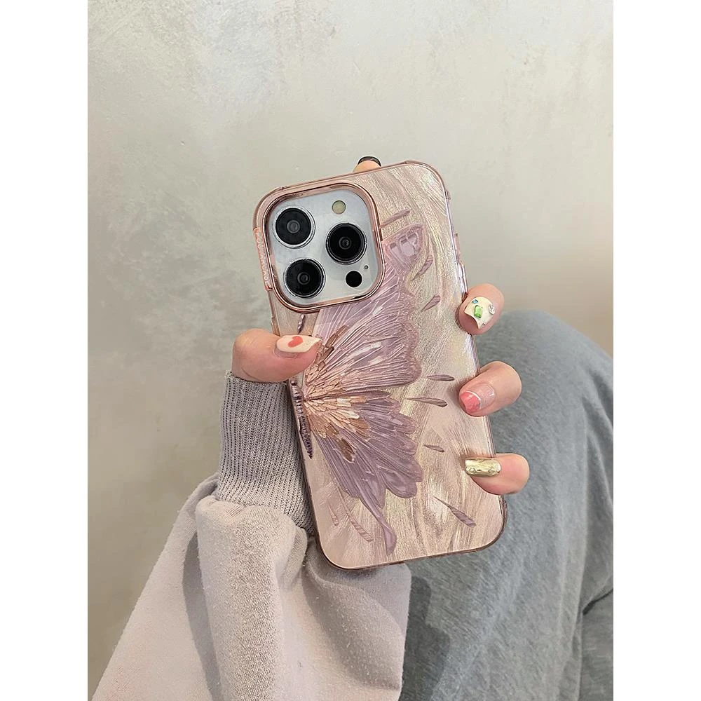 ins渐变粉蝴蝶适用苹果15pro手机壳iphone14高级13小众12女款全包