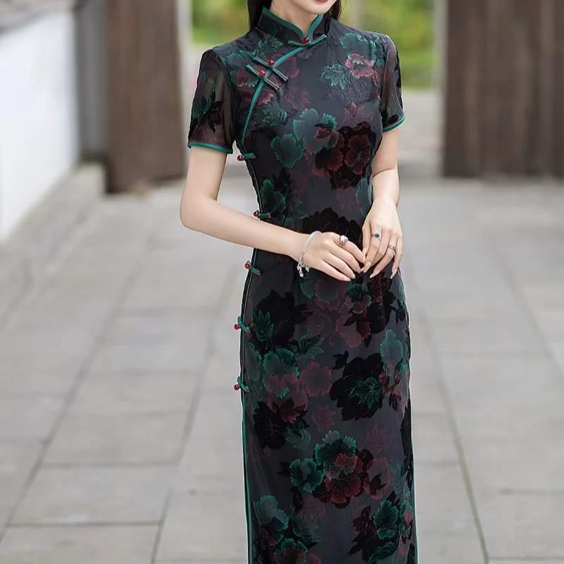 〔绿朵〕AC892#复古改良修身旗袍长款气质连衣裙大码连衣裙开叉裙