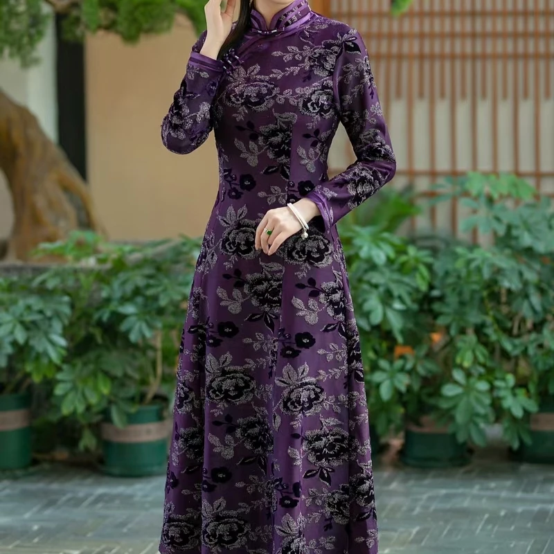 〔落苏〕AJ018#秋冬新款加绒厚款改良旗袍高腰显瘦气质连衣裙长袖