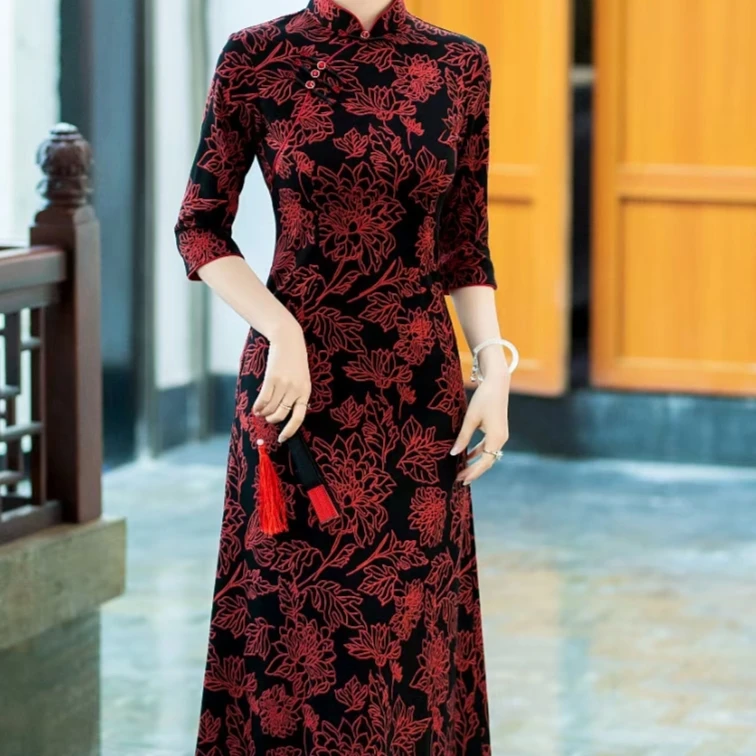 〔红叶S099〕旗袍裙复古改良高腰显瘦气质大码连衣裙春秋冬款A字裙