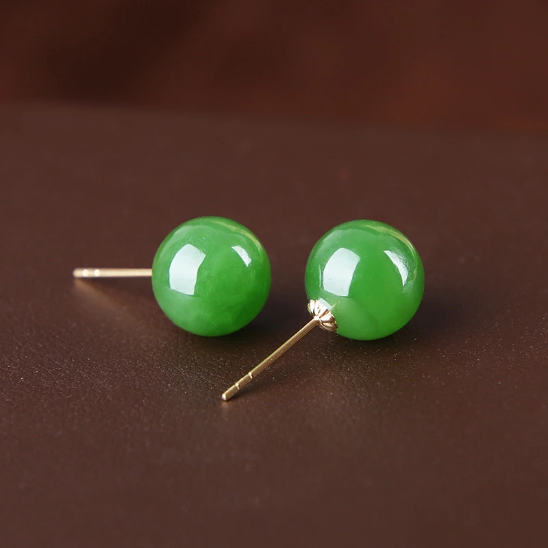 高品质精选18k金镶阳绿和田玉碧玉耳钉女 养耳洞简约圆珠玉石耳饰